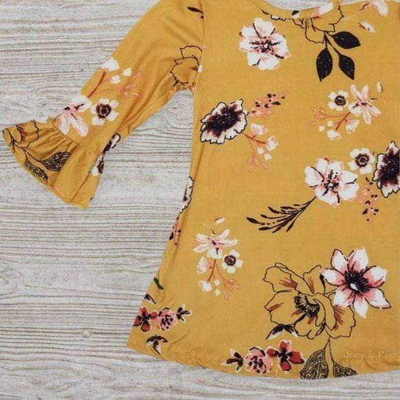 Mustard Yellow Floral Bell Sleeve Dress - Picture 2 of 3